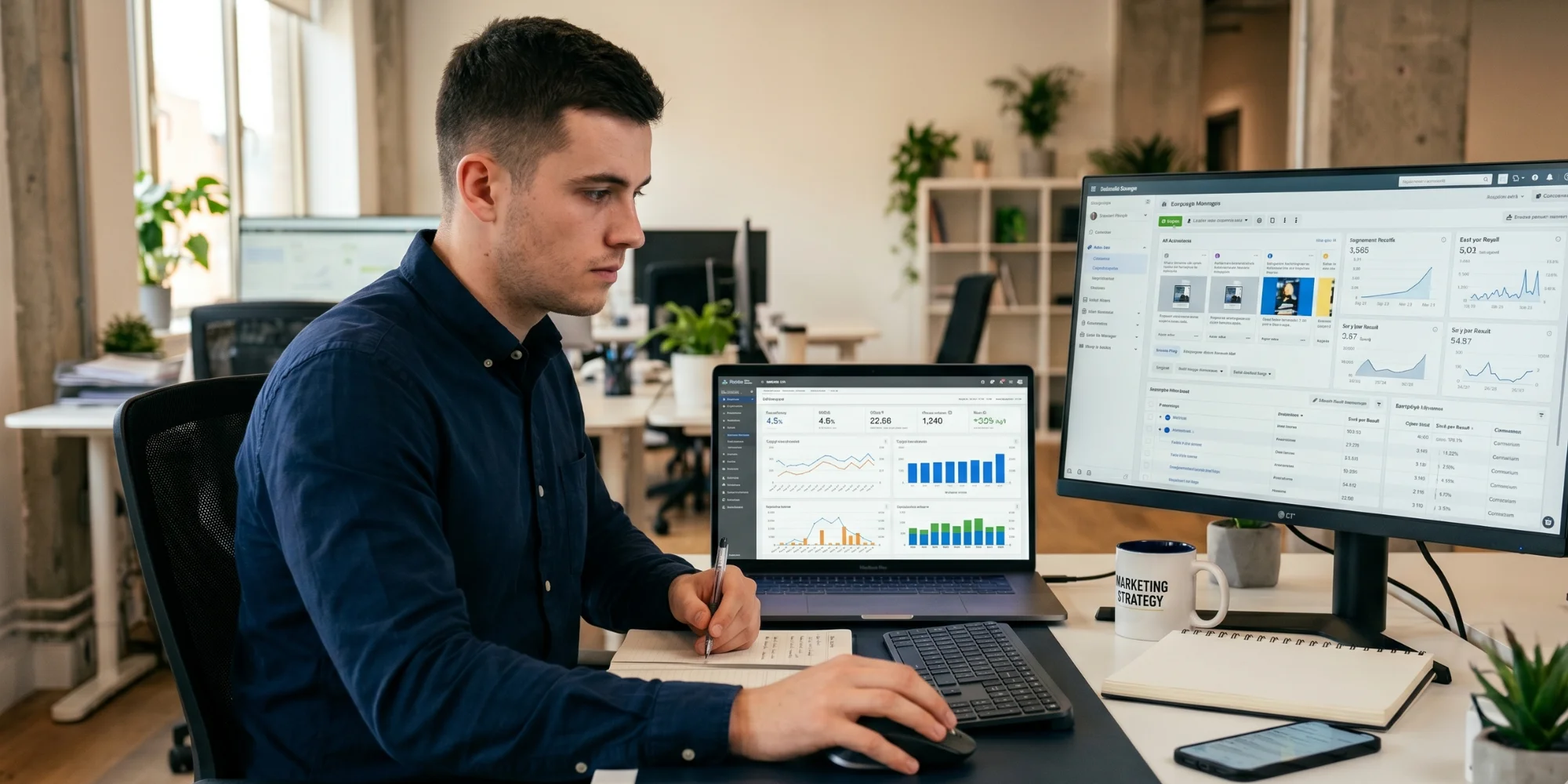 Focused male digital marketer analyzing paid advertising dashboards on laptop in modern office with growth charts and social media ads interface