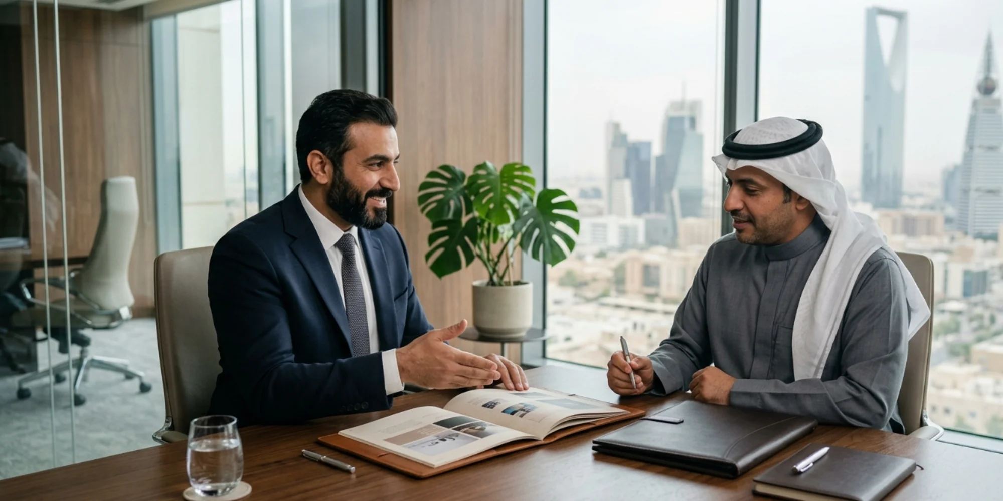 Professional company profile design discussion in a modern Riyadh office