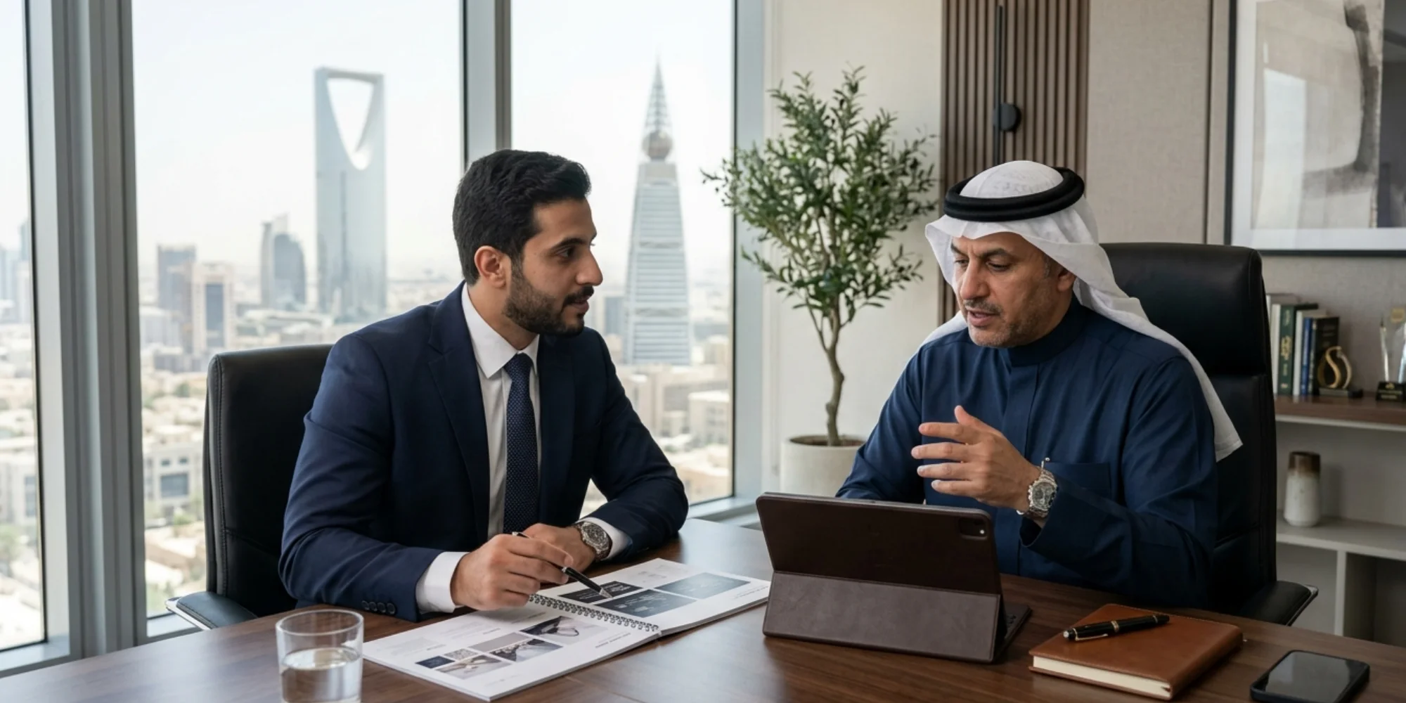 Professional business meeting with a company profile design agency in Riyadh reviewing modern corporate branding materials