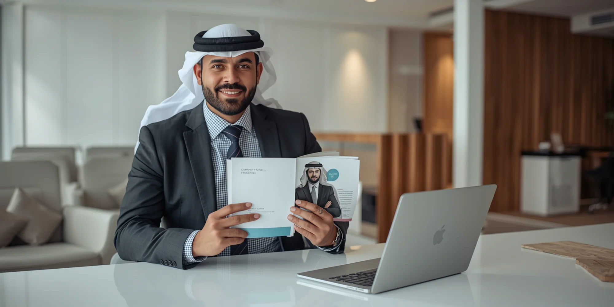 Professional company profile design presentation in a modern corporate office in Jeddah for premium business branding services