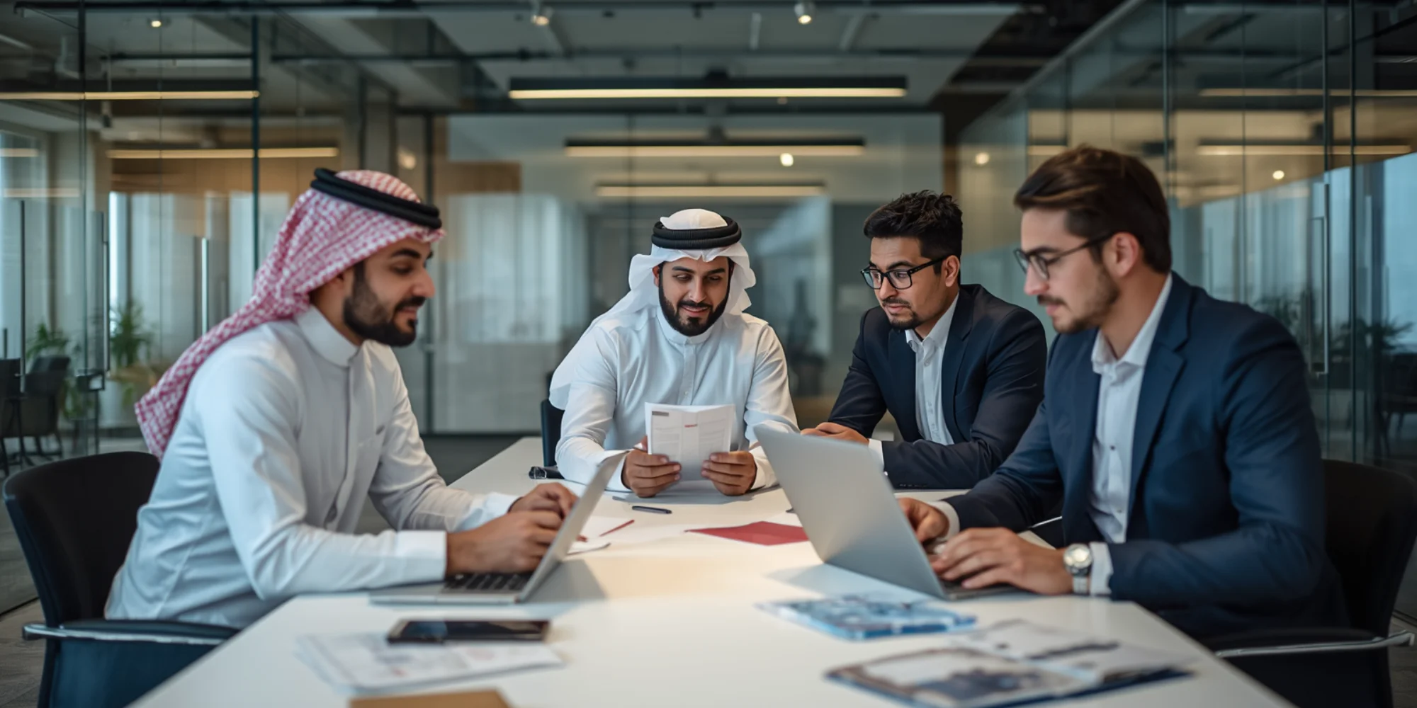Professional business team discussing company profile design and branding strategies in a modern Jeddah office