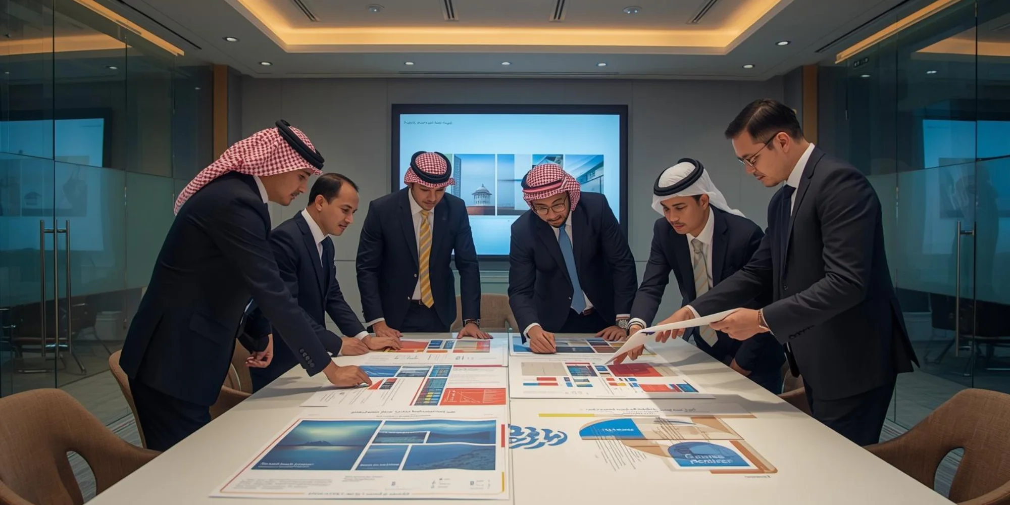 Professional business team reviewing company profile branding concepts in a modern Jeddah office