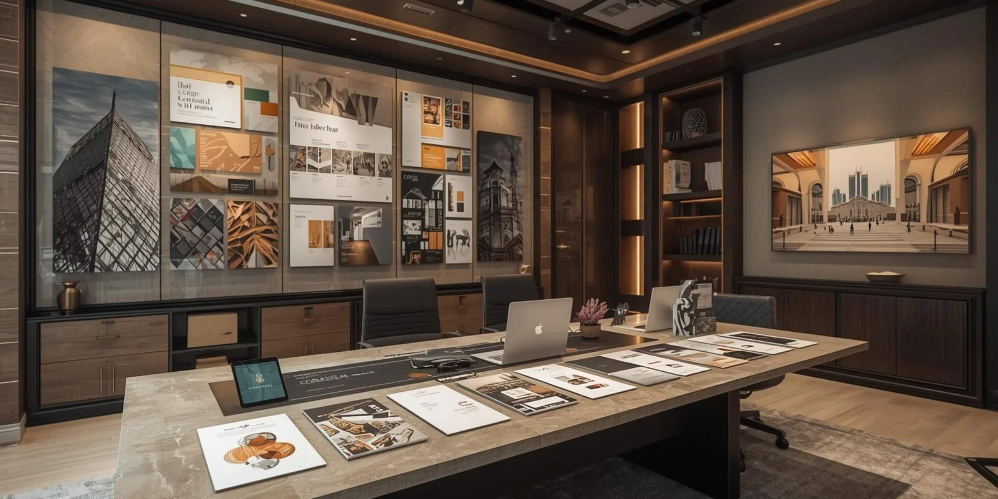 Premium company profile branding materials displayed in a modern creative workspace in Khobar