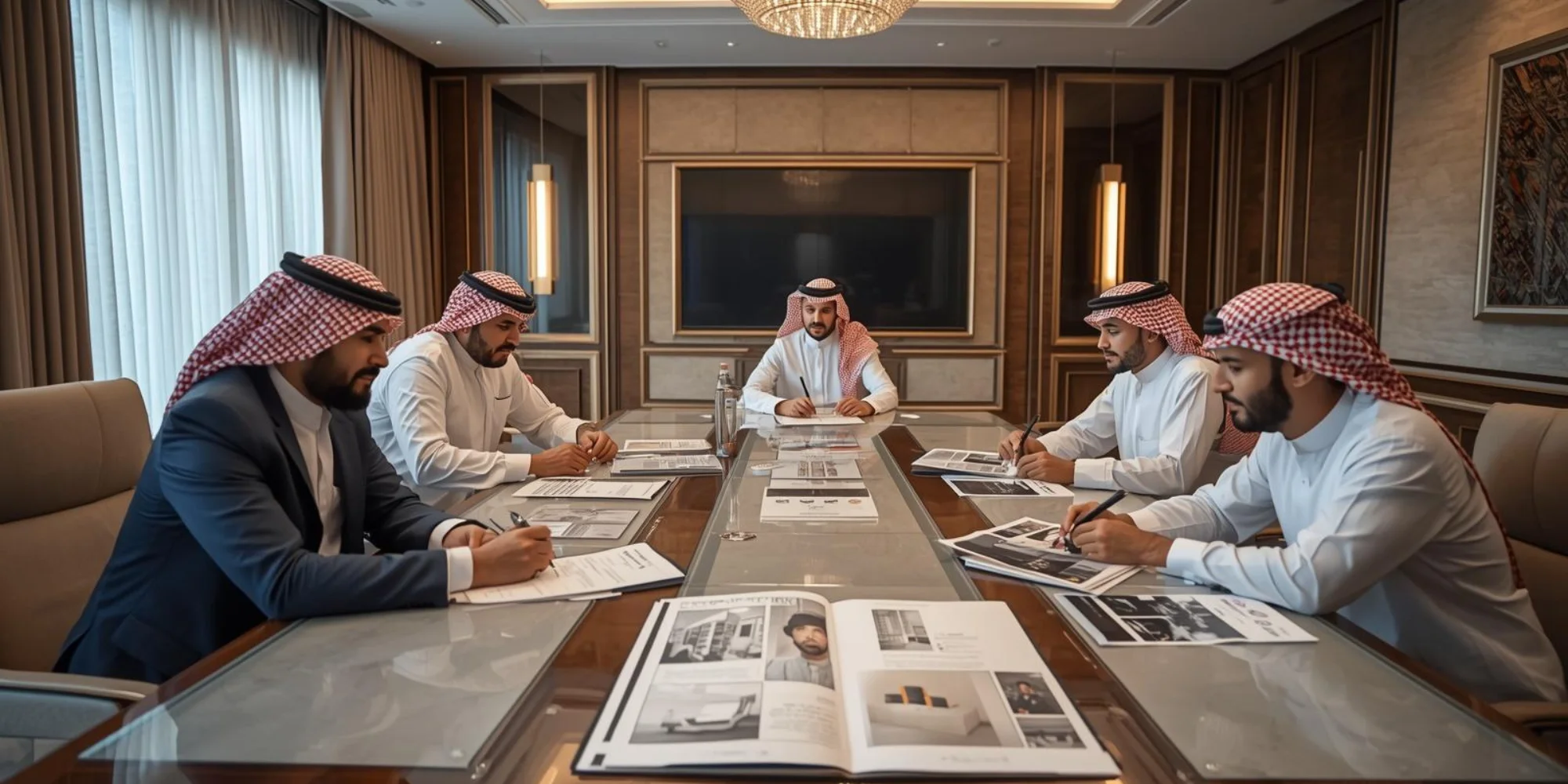 Professional business team discussing company profile branding solutions in Mecca