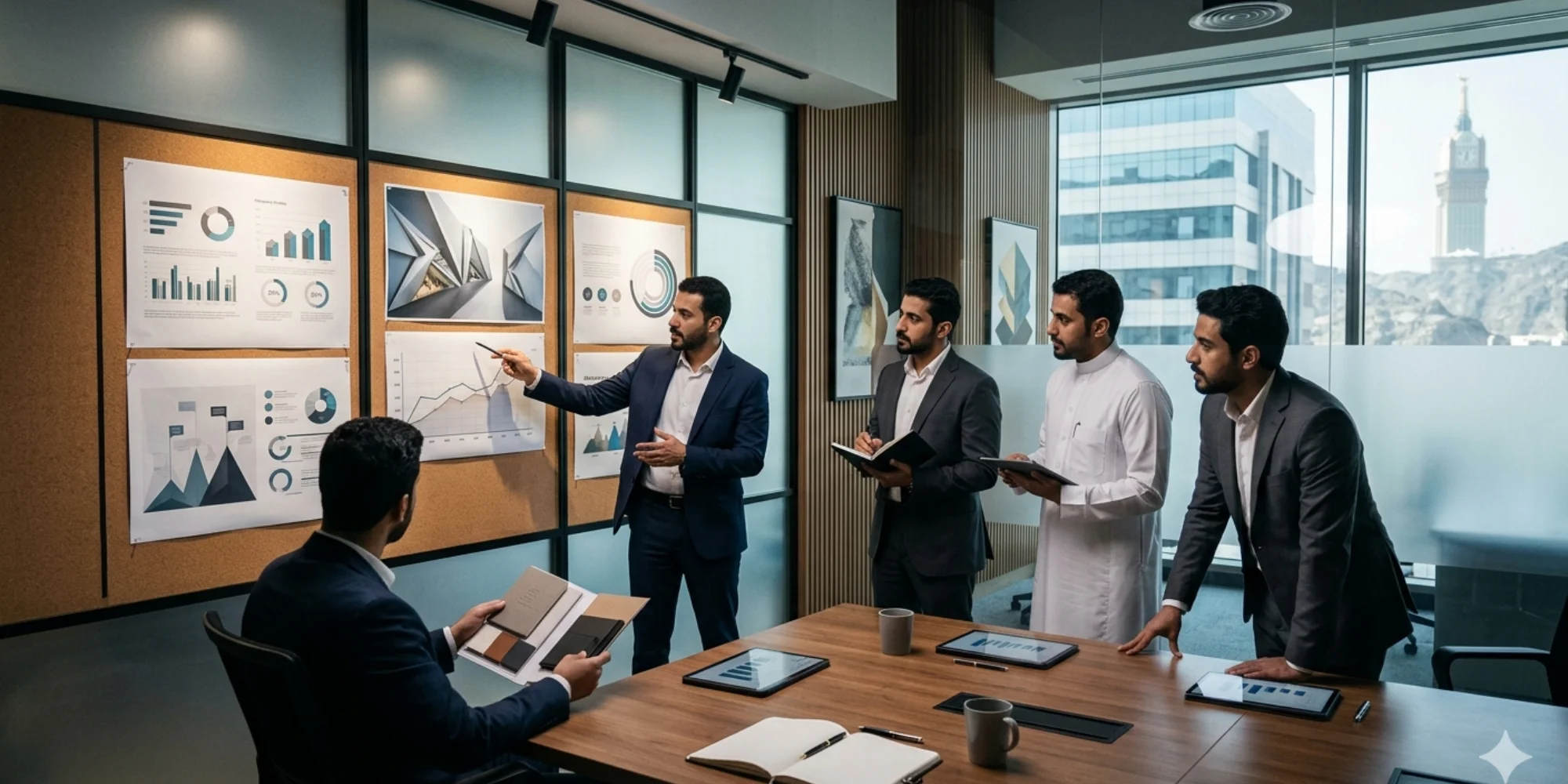 Corporate team reviewing company profile branding concepts in Mecca office