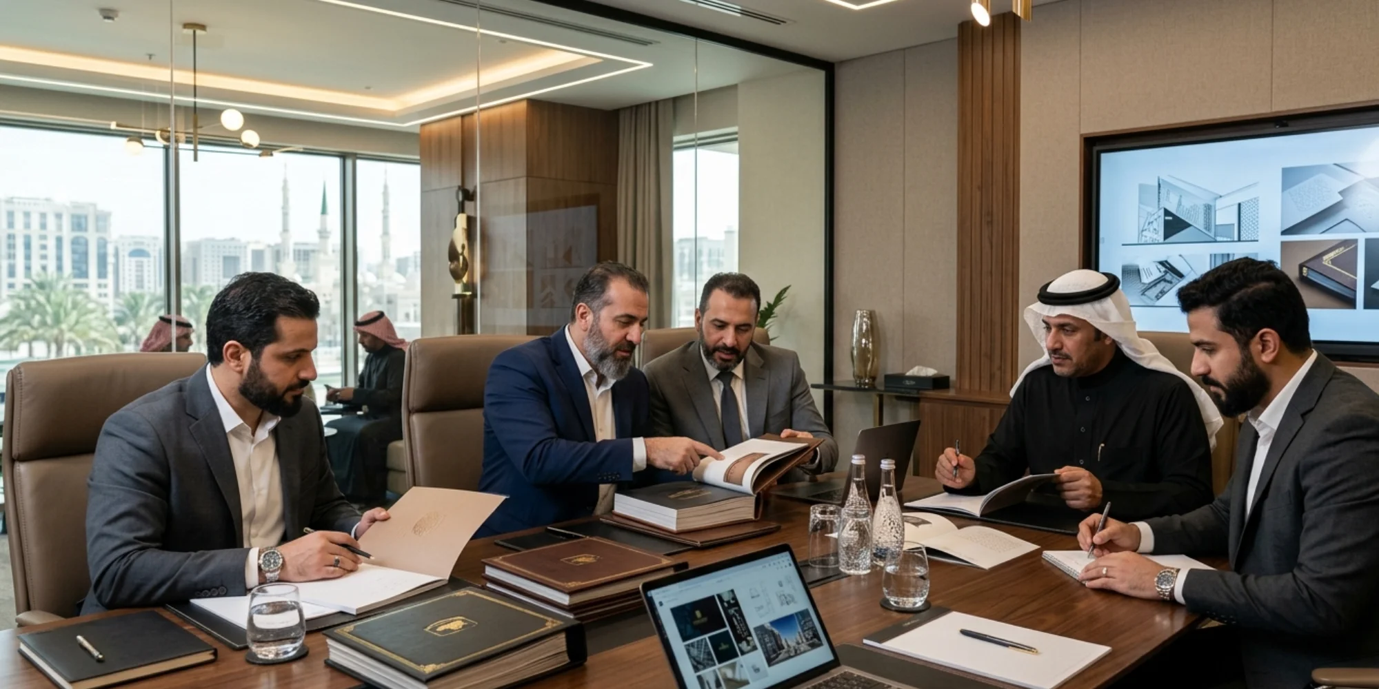 Professional male branding team creating company profile materials in Medina  