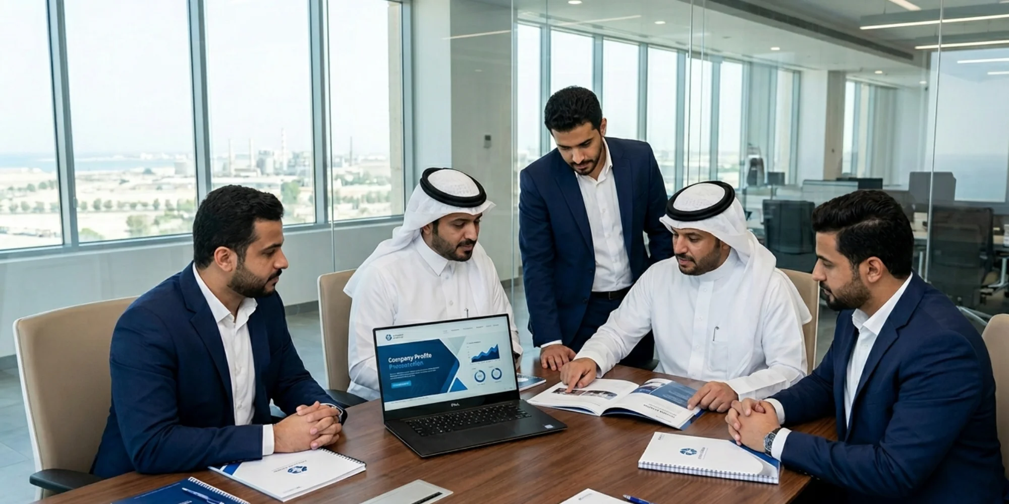 Professional male executives discussing company profile concepts in Medina