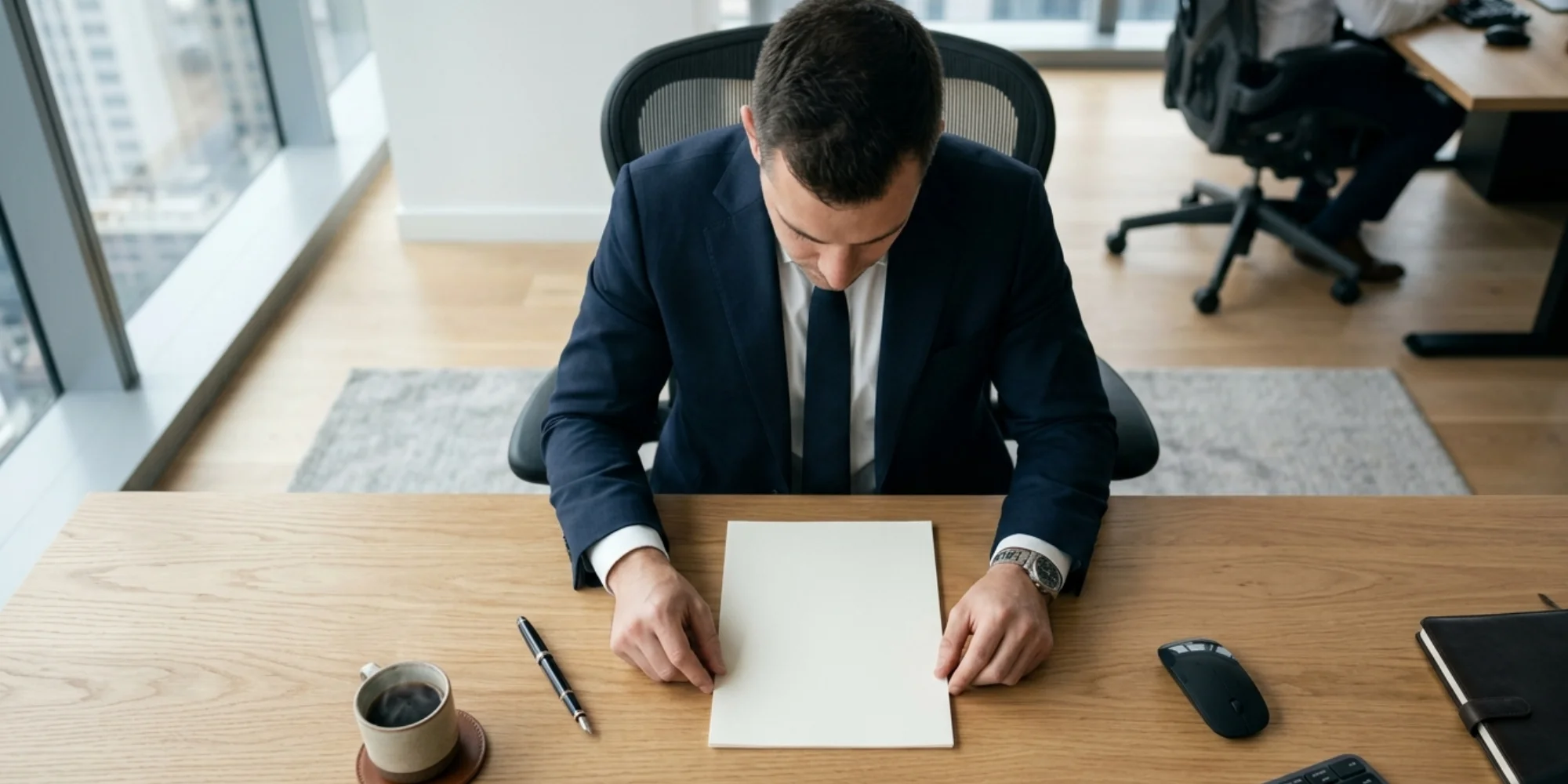 Professional male businessman in formal suit reviewing blank letterhead paper at modern office desk in minimal corporate workspace with soft lighting