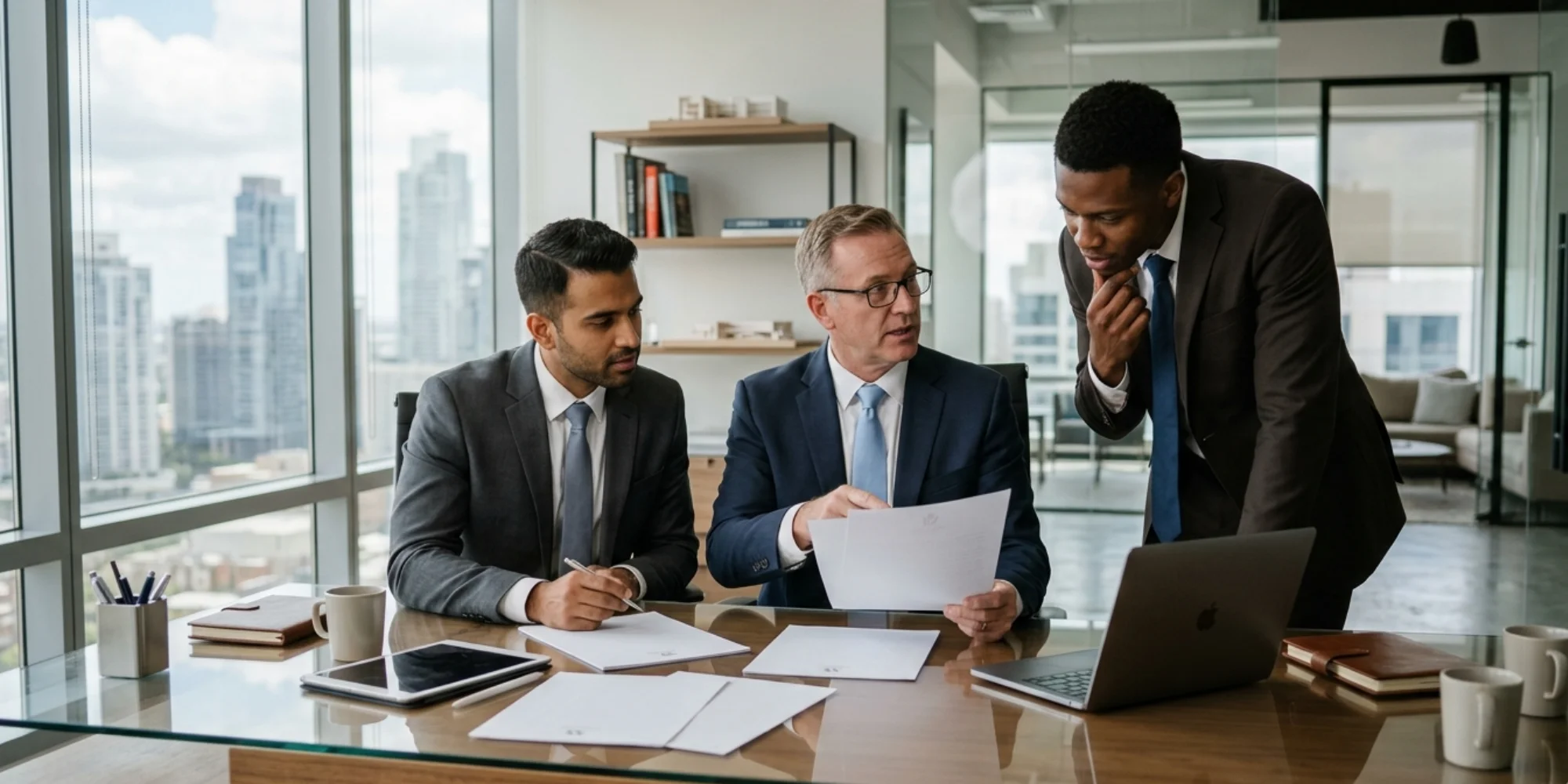 Male business team in formal suits reviewing blank letterhead papers at a modern office desk in a clean minimal workspace with soft natural lighting and a premium corporate atmosphere