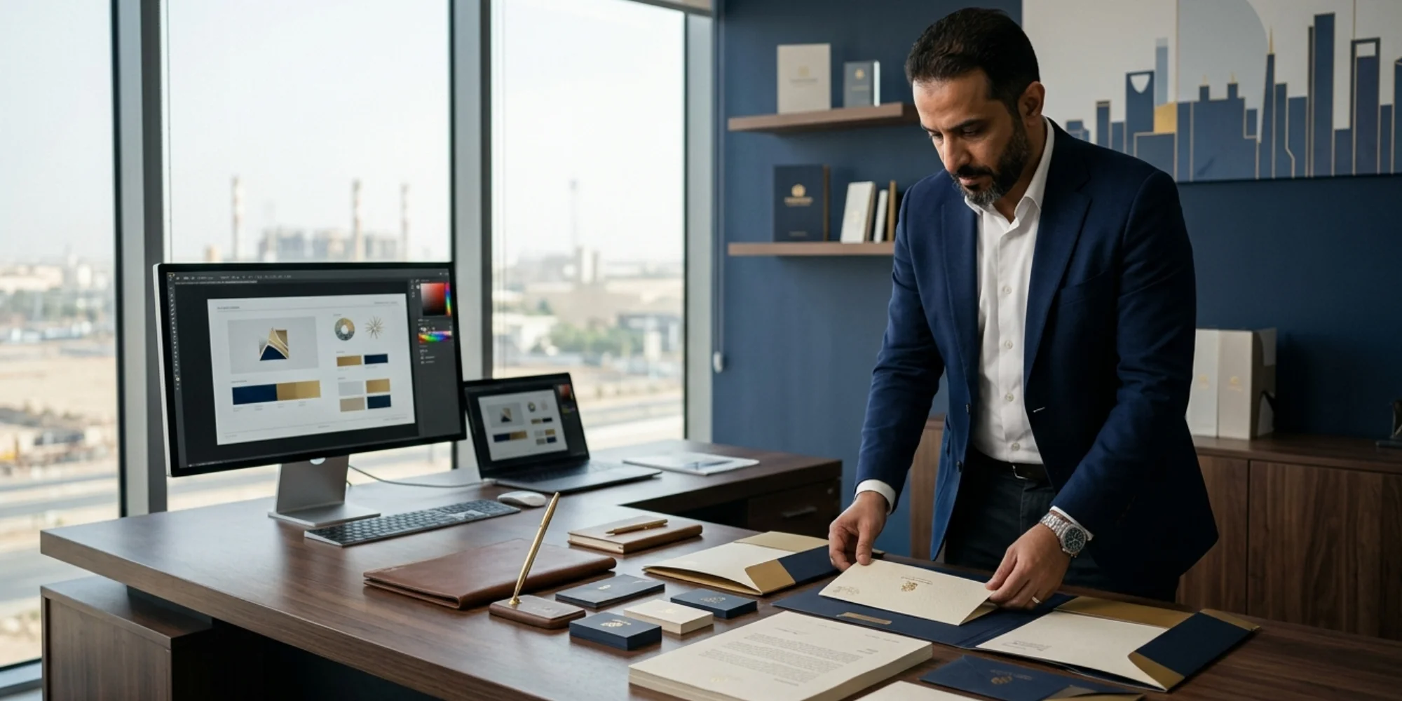 Premium corporate letterhead design workspace in Yanbu with professional branding setup