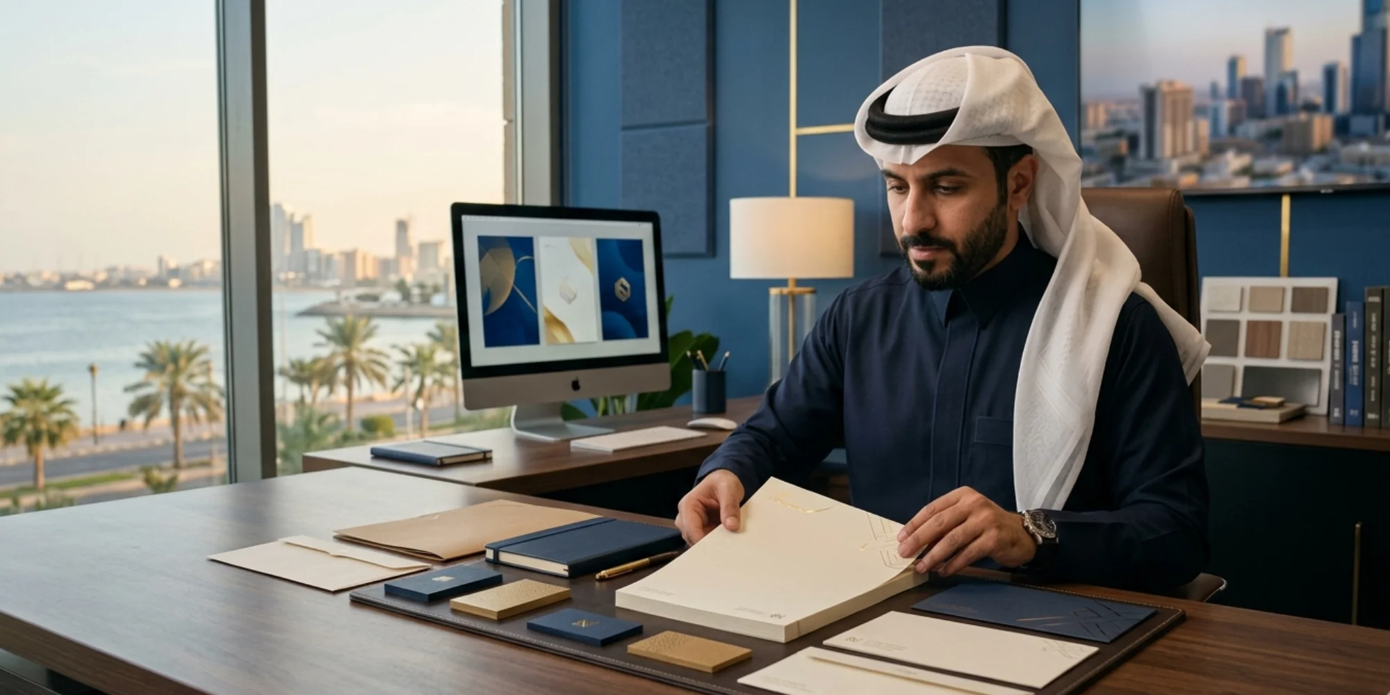 Luxury business letterhead design presentation in a modern corporate office in Tabuk