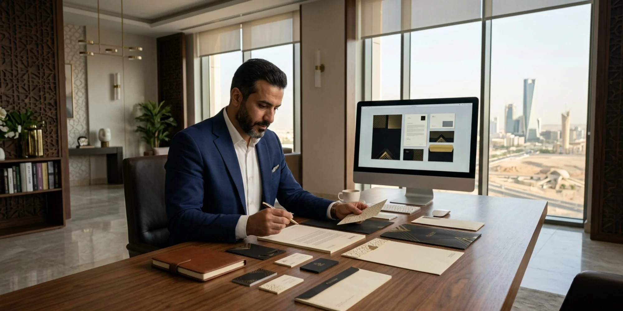 Professional corporate letterhead branding setup in a modern Tabuk office