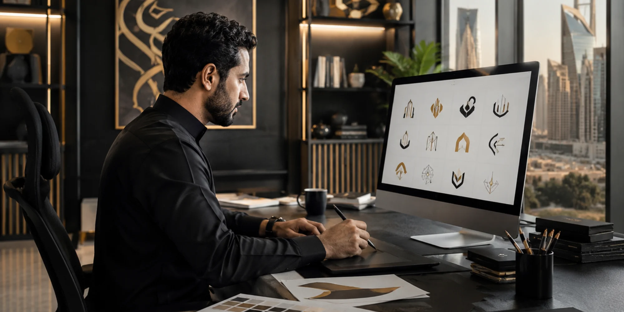 Professional letterhead design studio setup in Tabuk with luxury corporate branding workspace