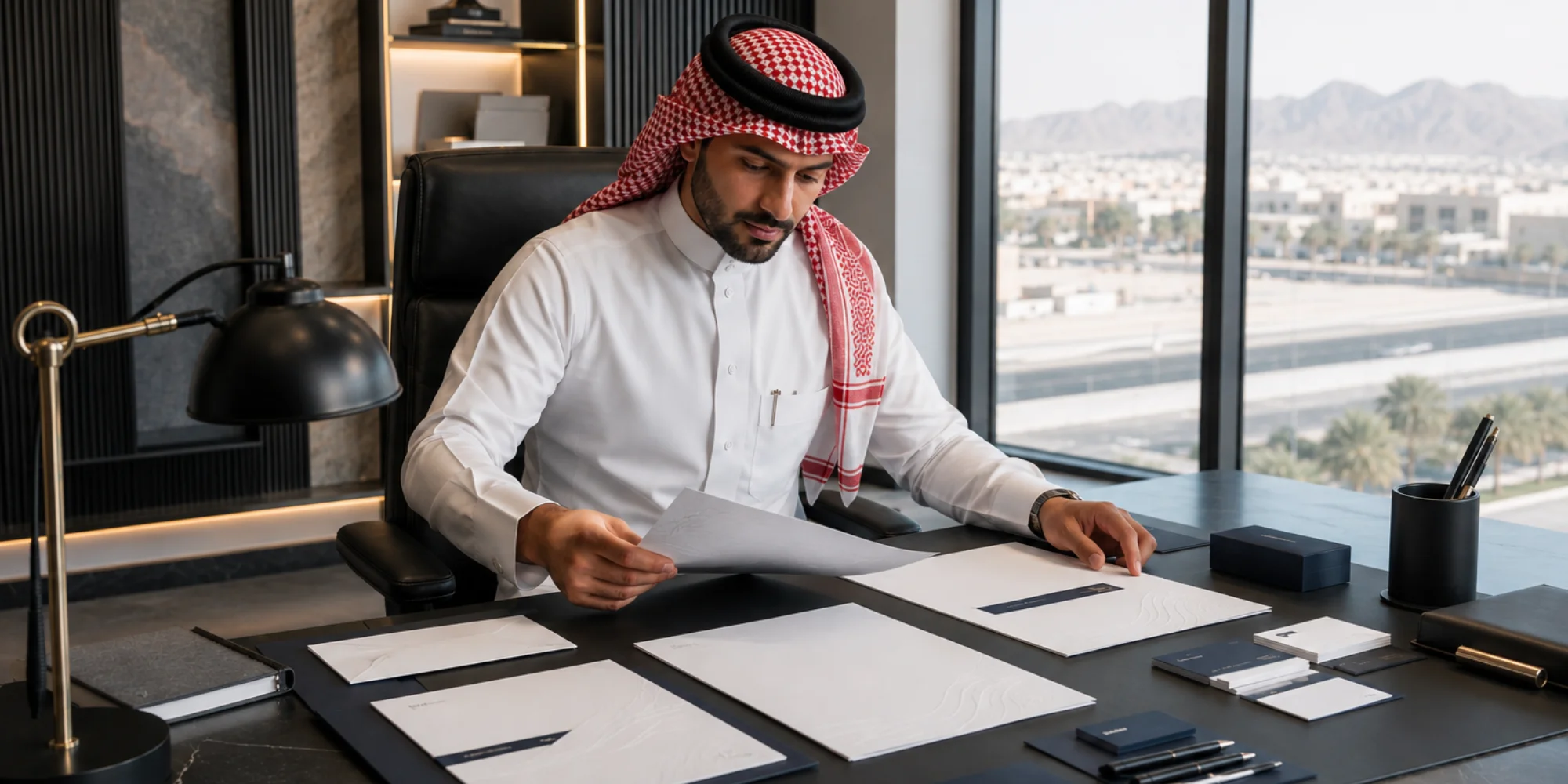 Executive corporate letterhead design presentation in a modern Tabuk office