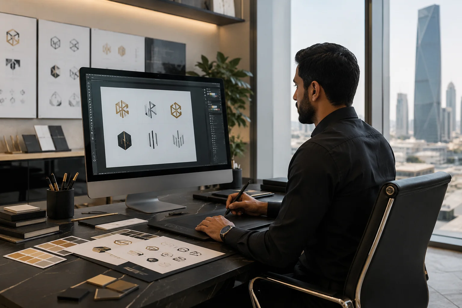 Professional male logo designer creating luxury corporate branding concepts in a modern Riyadh office