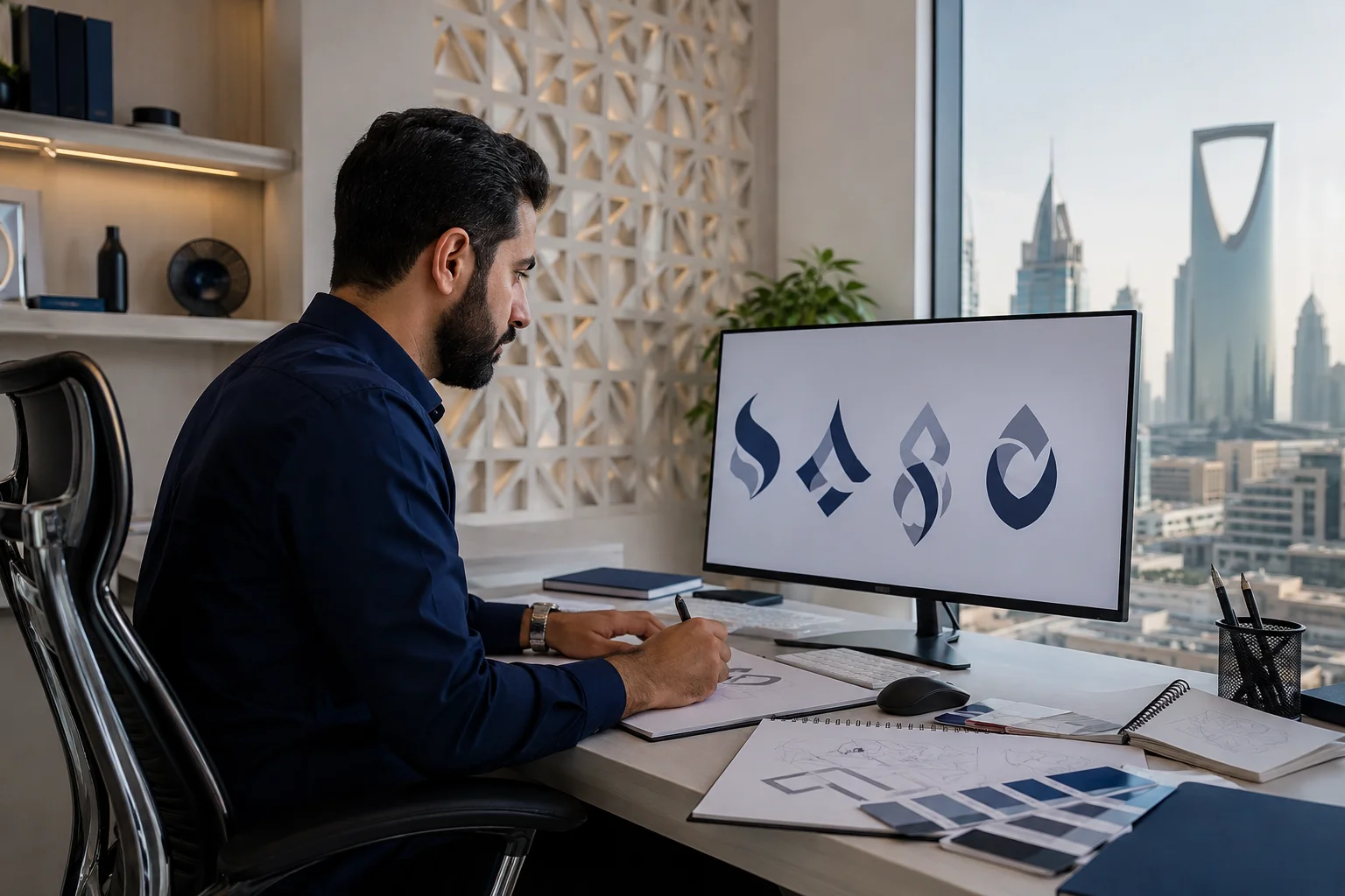 Creative male logo designer working on modern business branding concepts in Riyadh office