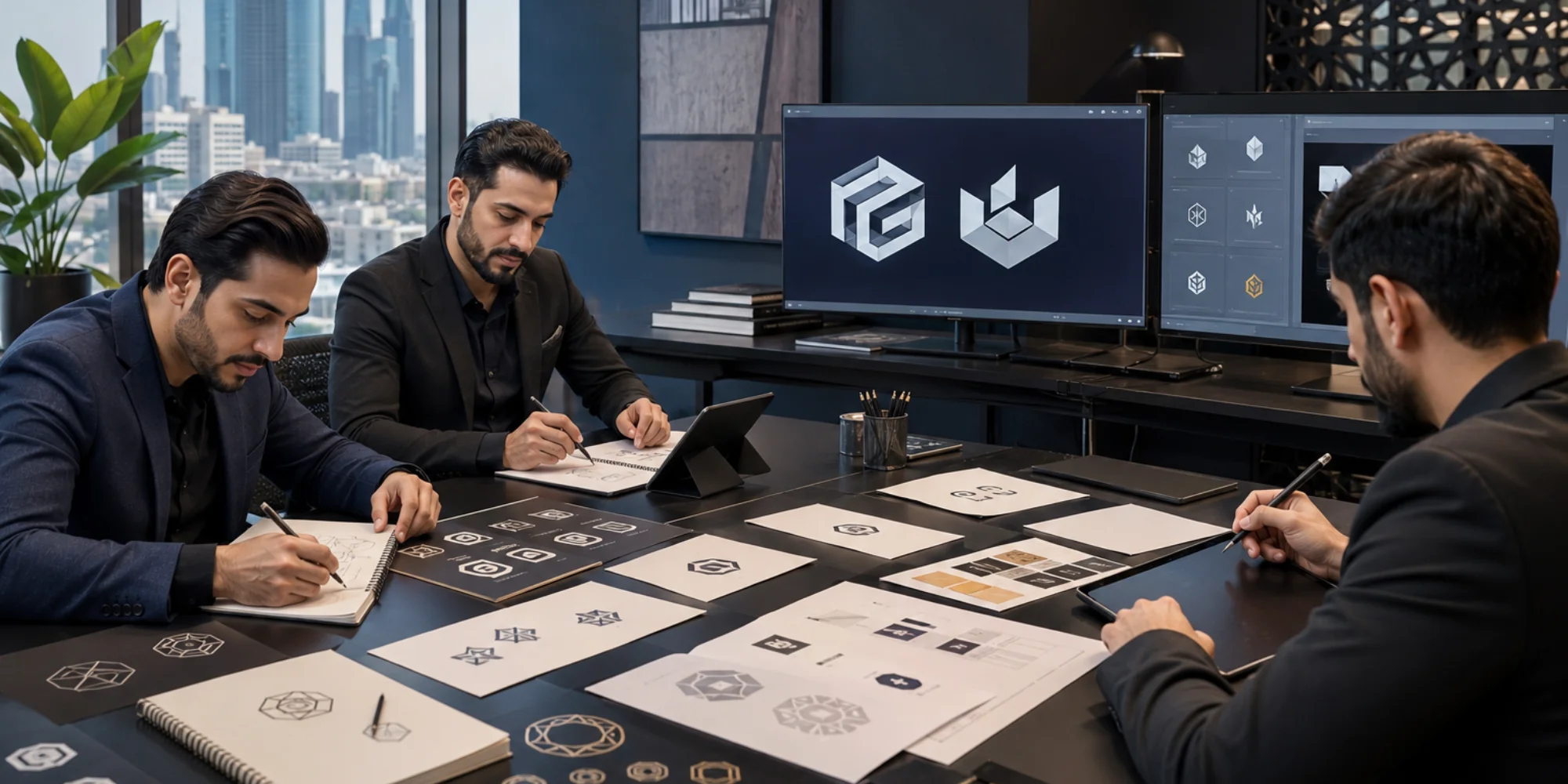 Professional male creative team working on luxury logo branding concepts in a Riyadh agency office