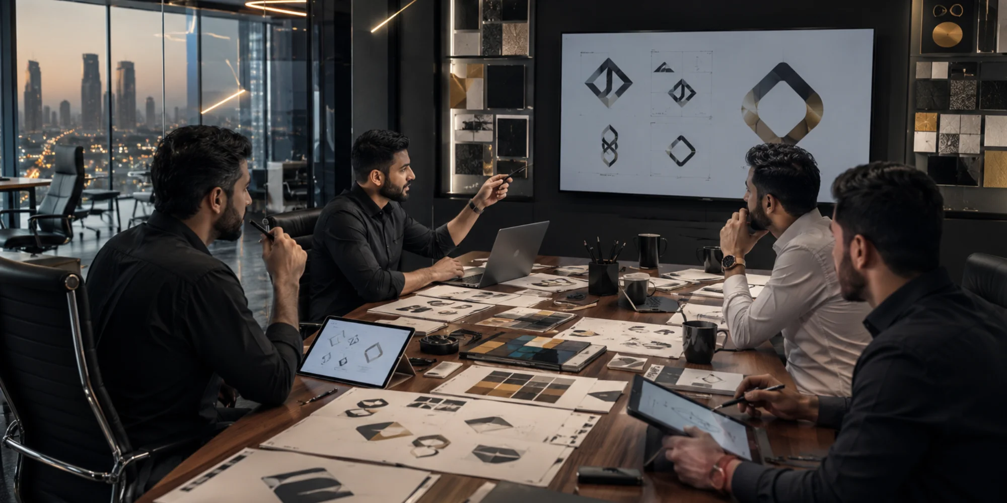 Professional male branding team creating modern logo concepts in a luxury Riyadh design studio