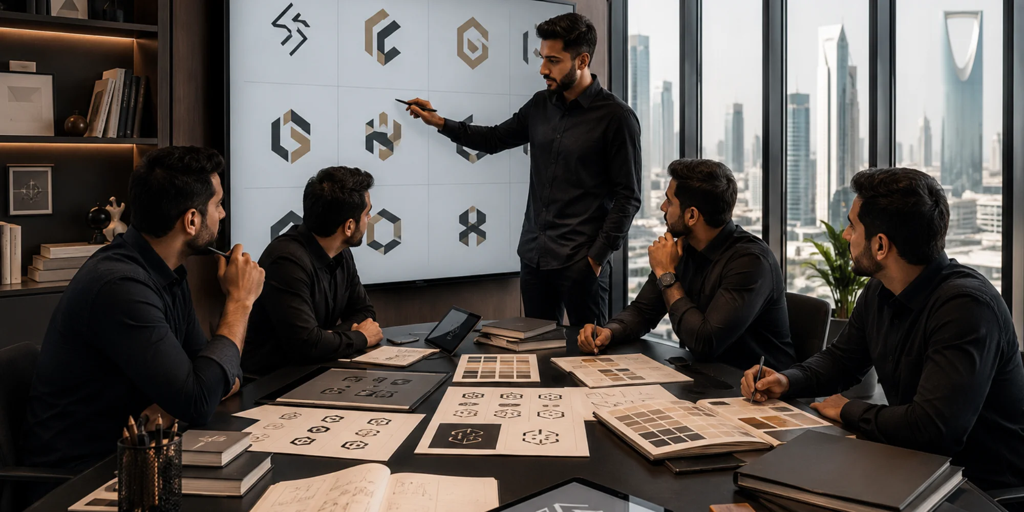 Male creative branding team presenting corporate logo design concepts in a modern Jeddah agency