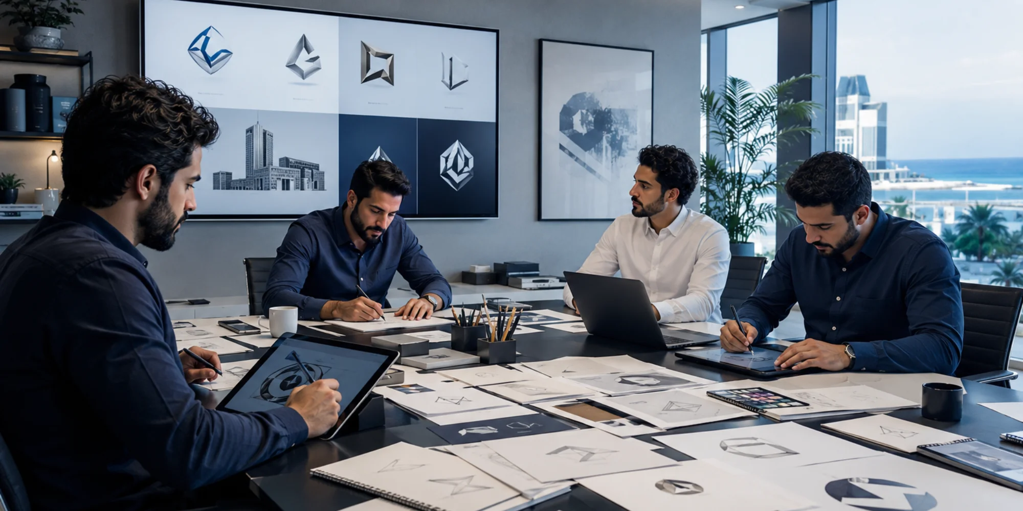 Professional male branding team creating luxury corporate logo concepts in a modern Jeddah office