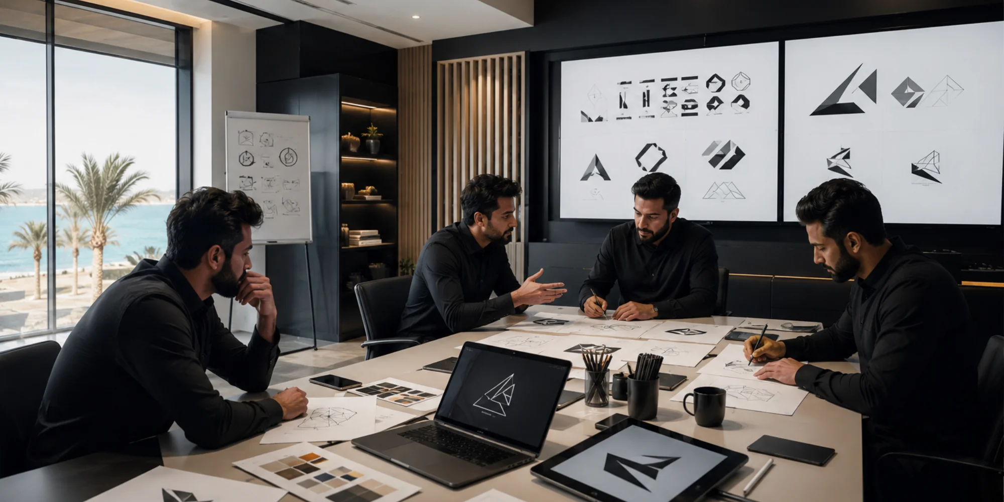 Professional male branding team discussing modern corporate logo concepts in a luxury Jeddah studio