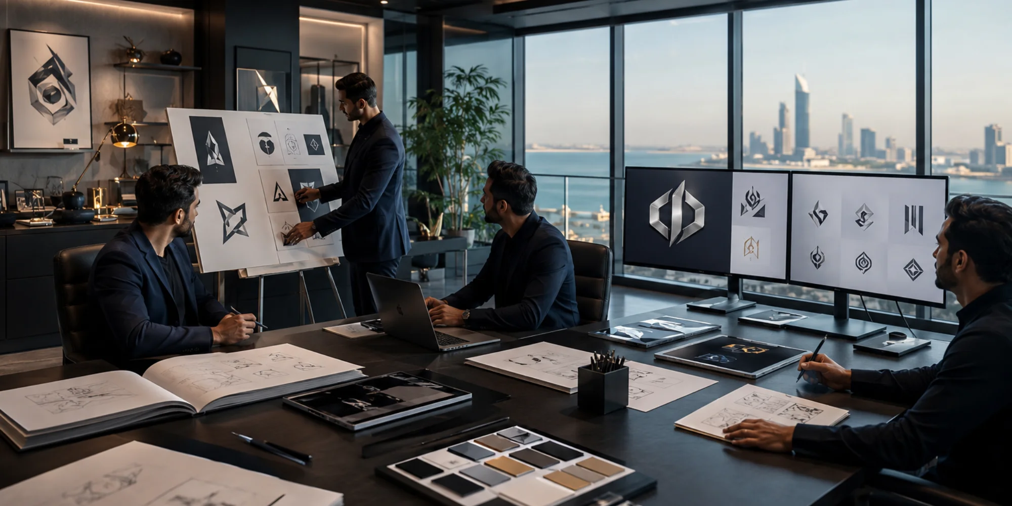 Professional male creative team developing luxury corporate logo branding concepts in Jeddah