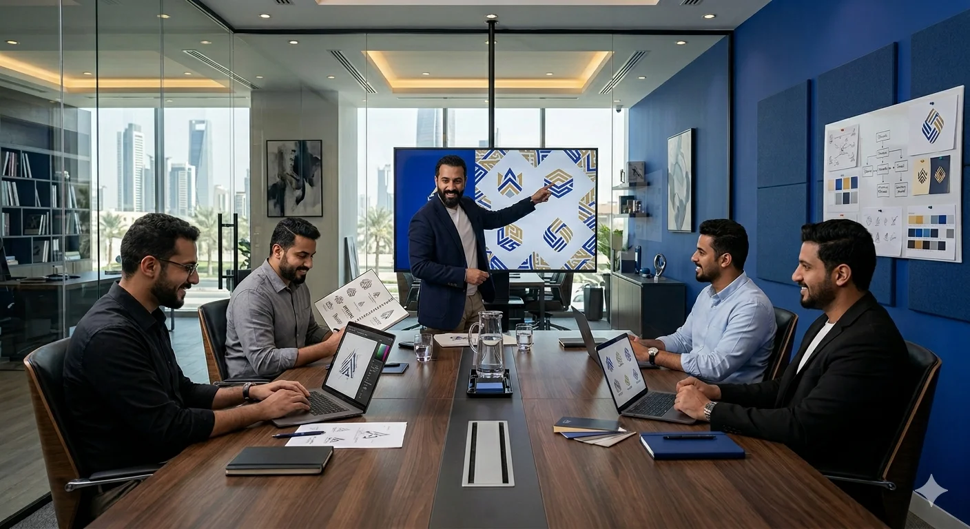 Professional logo design agency workspace in Dammam Saudi Arabia with male creative branding team