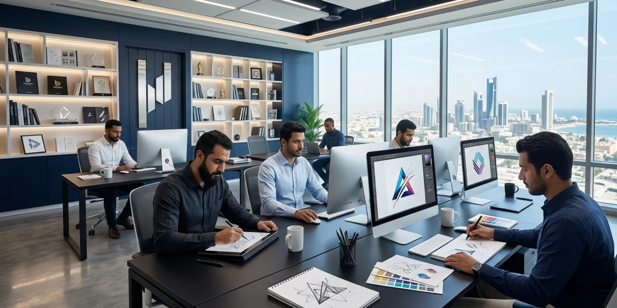 Creative logo branding agency office in Dammam Saudi Arabia with professional male designers
