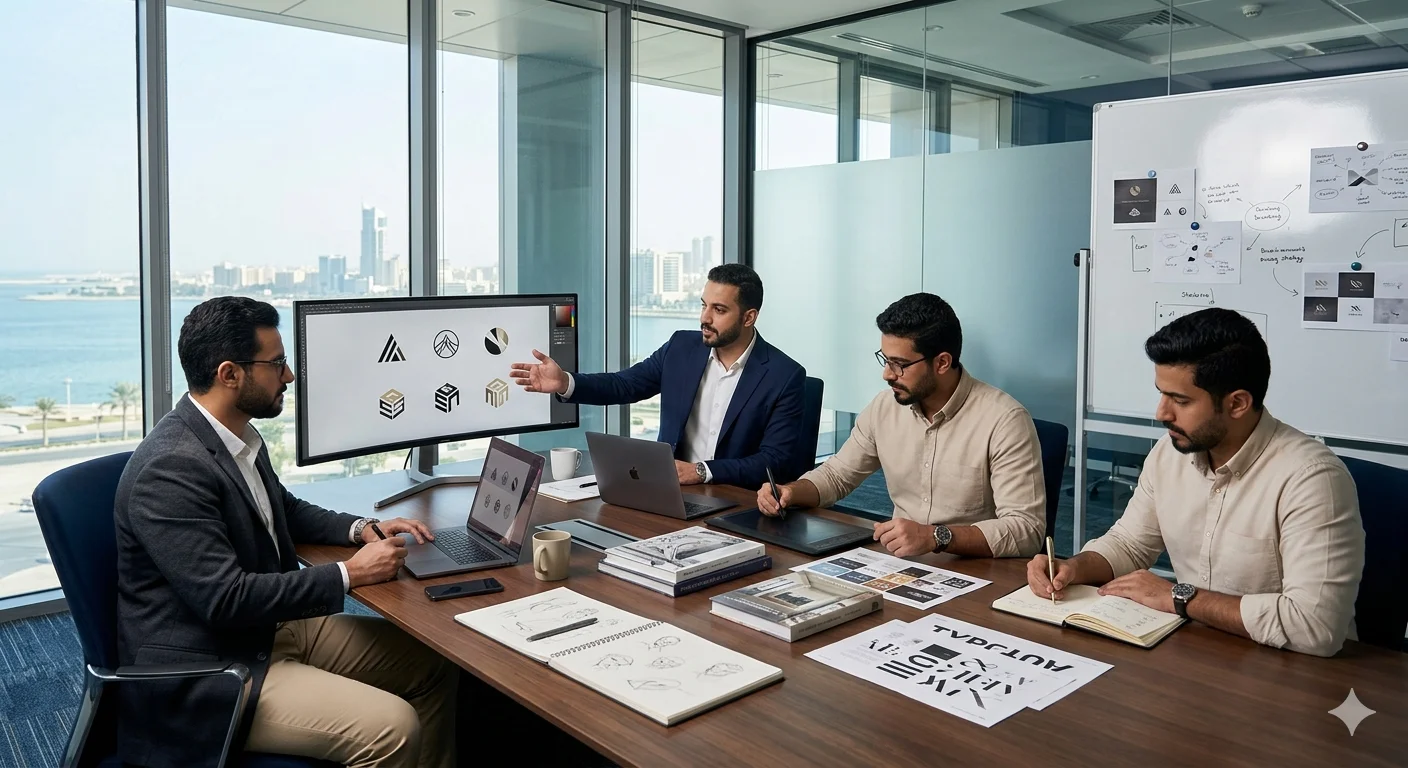 Professional logo design agency workspace in Al Khobar Saudi Arabia with male creative branding team