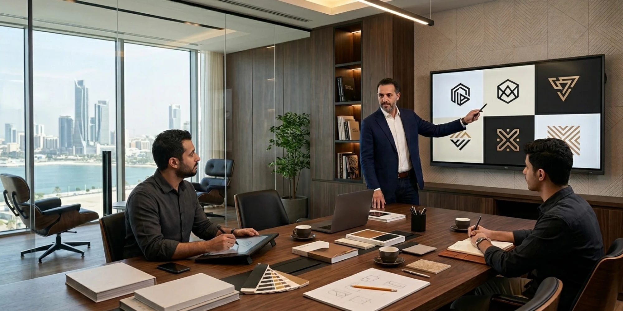 Luxury corporate logo design studio in Al Khobar Saudi Arabia with professional male branding team
