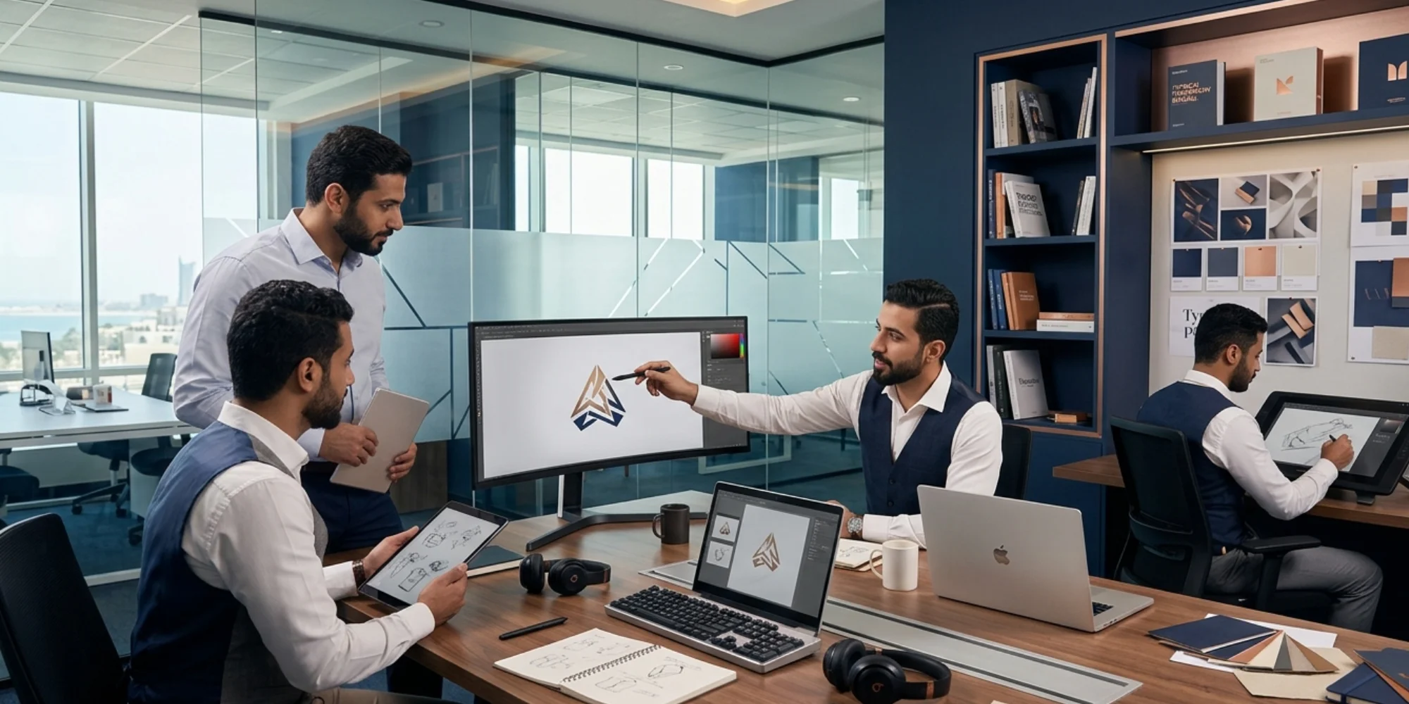 Executive logo design workspace in Al Khobar Saudi Arabia with male branding professionals