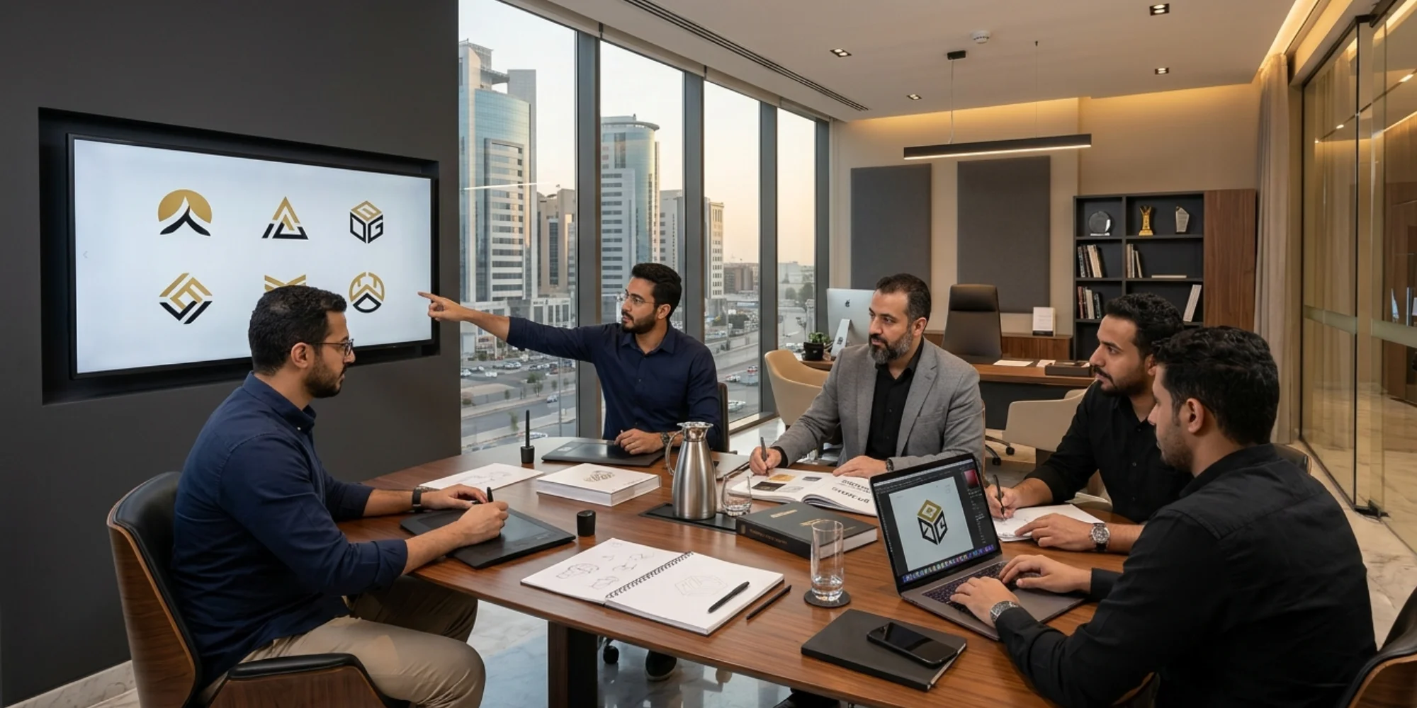 Professional logo design agency office in Mecca Saudi Arabia with male creative branding team