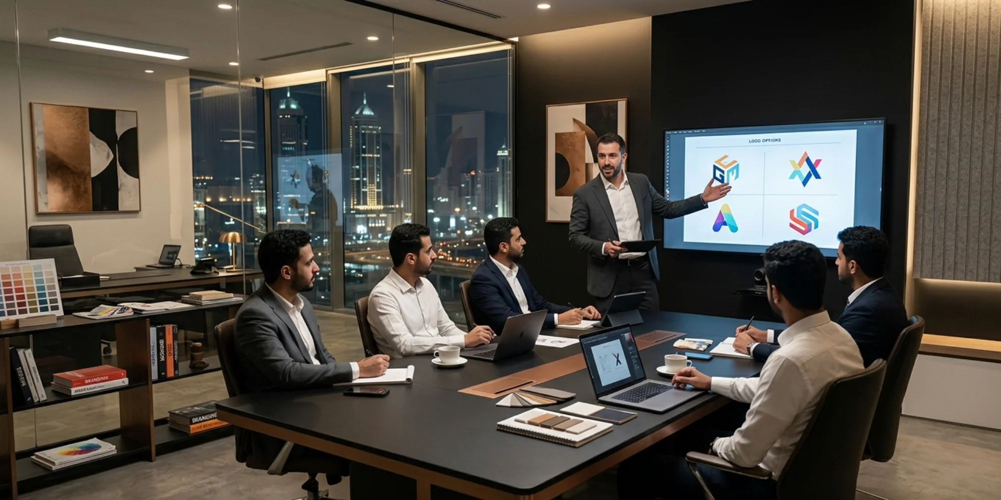 Modern corporate branding office in Mecca Saudi Arabia with male creative logo design professionals
