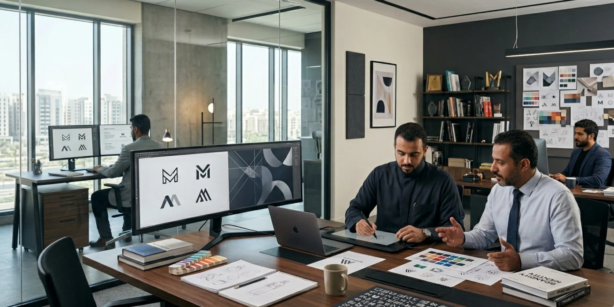 Modern corporate logo design studio in Medina Saudi Arabia with professional male branding team