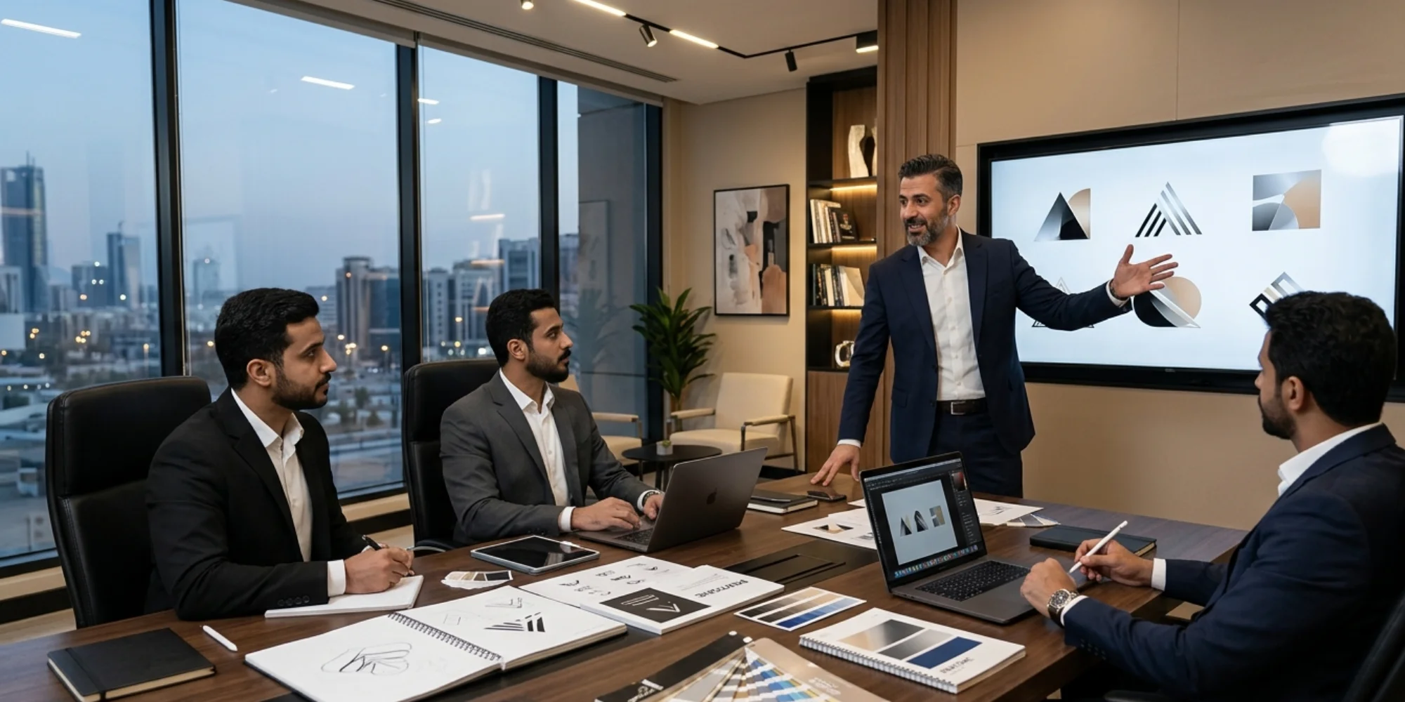 Luxury branding and logo development office in Medina Saudi Arabia with male creative professionals