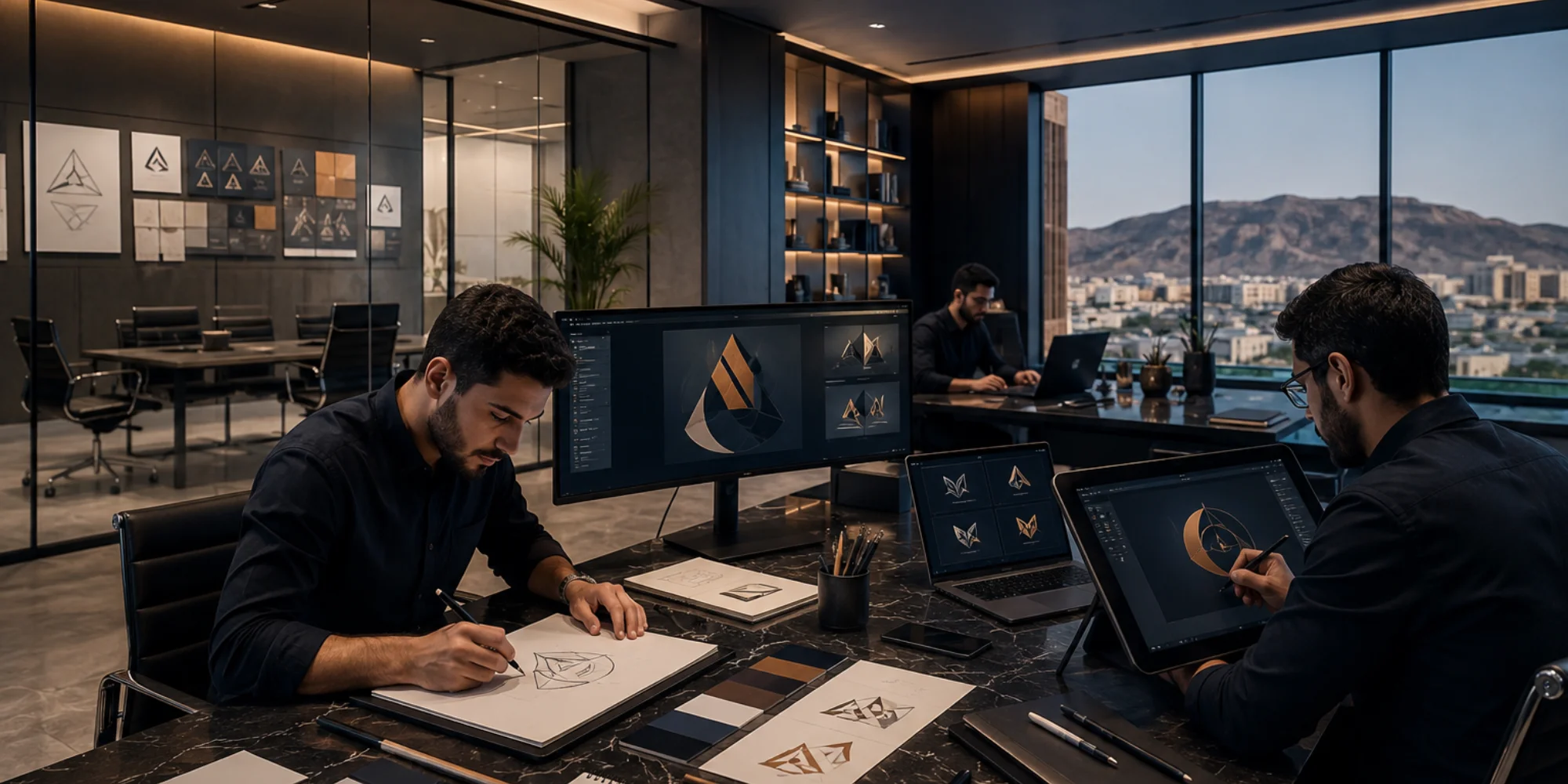 Executive logo design workspace in Medina Saudi Arabia with professional male branding team