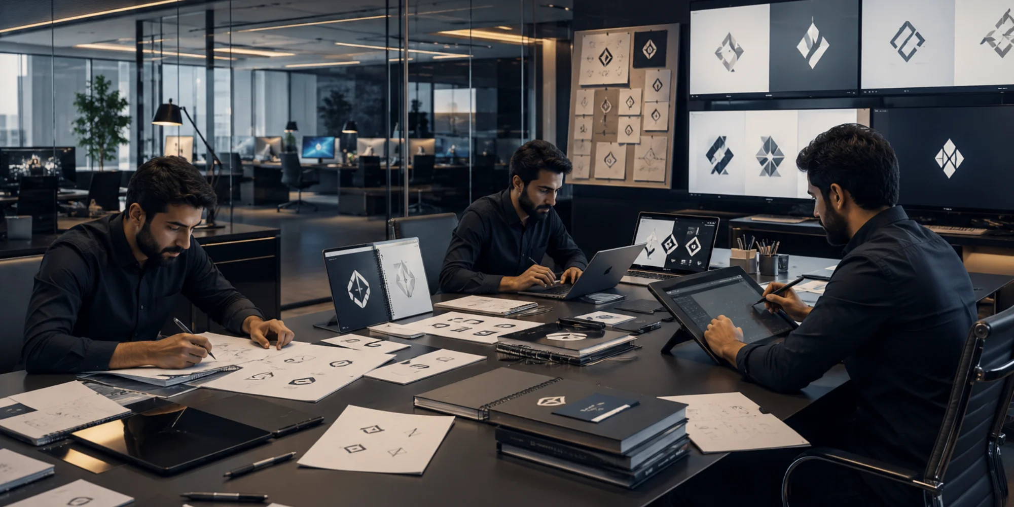 Professional logo design agency workspace in Jubail Saudi Arabia with male branding team