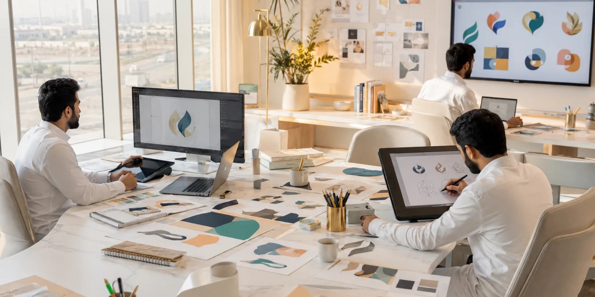 Bright minimalist branding office in Jubail Saudi Arabia with professional male logo designers