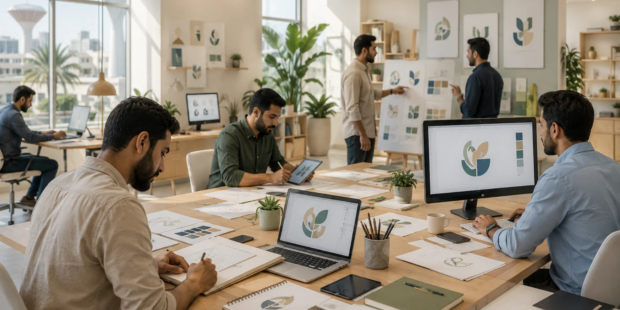 Contemporary bright logo design workspace in Jubail Saudi Arabia with male branding professionals