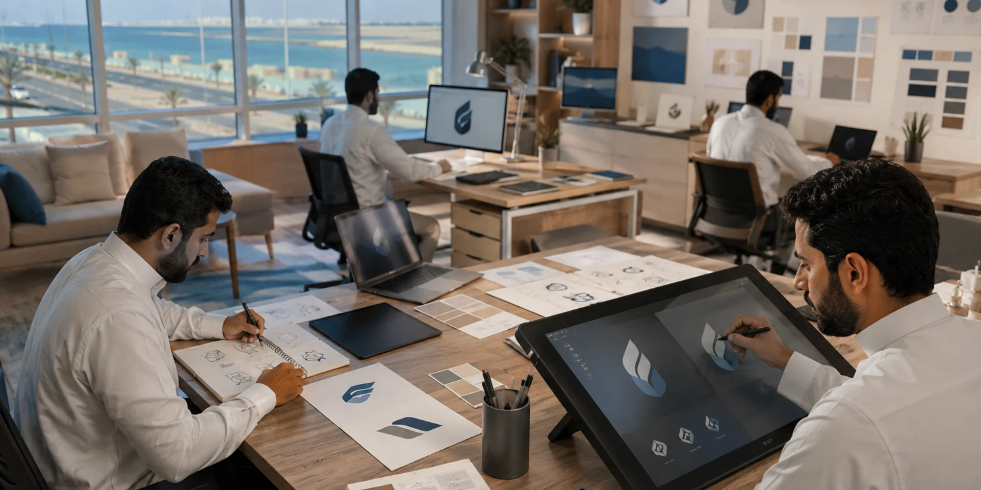 Modern logo branding studio with professional male designers in Yanbu Saudi Arabia