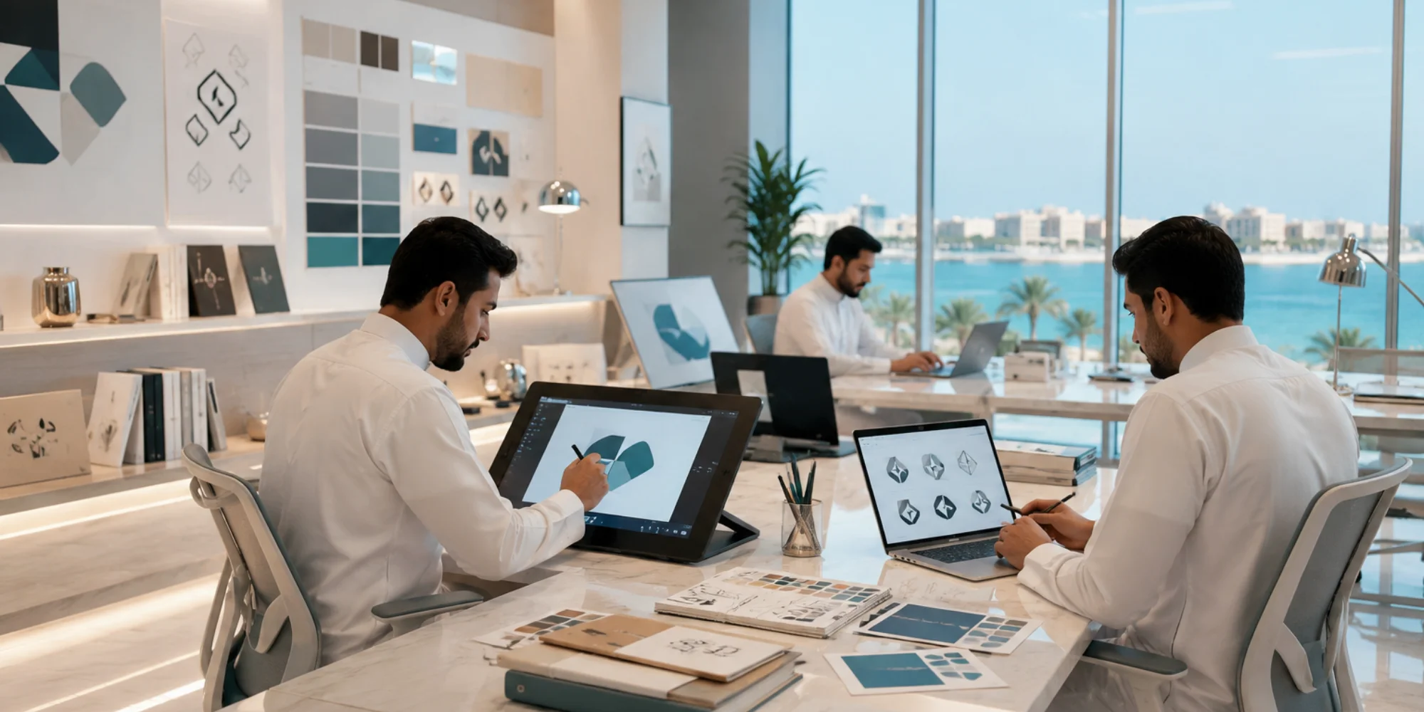 High-clarity luxury logo design workspace with professional male branding team in Yanbu