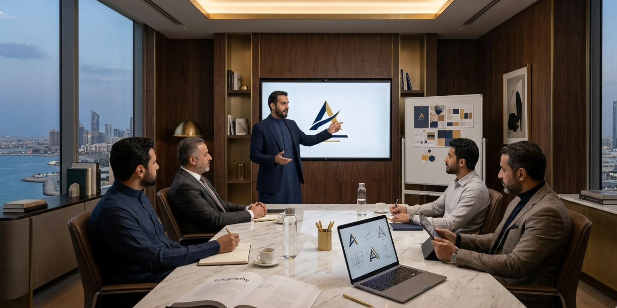 Luxury executive logo design office with professional male branding team in Yanbu Saudi Arabia