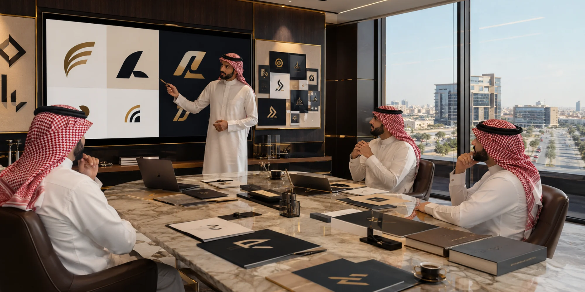 Modern logo design studio with professional male branding team in Abha Saudi Arabia