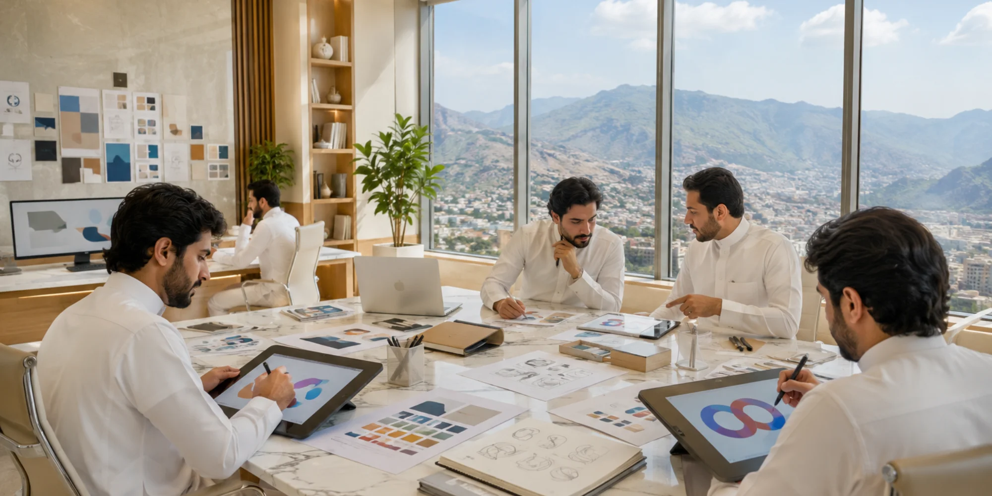 Bright modern logo design office with professional Arab male branding team in Abha Saudi Arabia