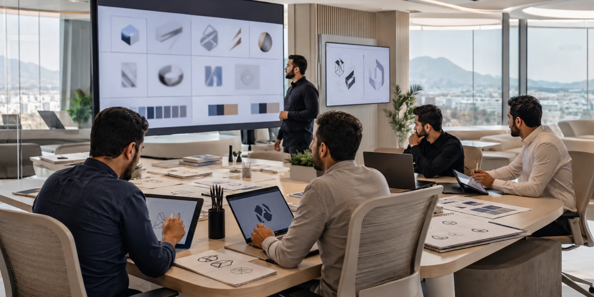 Modern executive logo design studio with professional Arab male branding experts in Tabuk Saudi Arabia