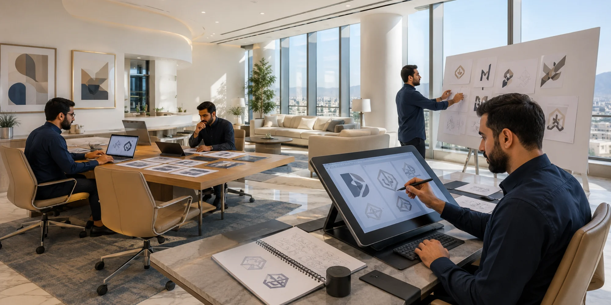 Elegant premium logo design office with professional Arab male branding experts in Tabuk Saudi Arabia