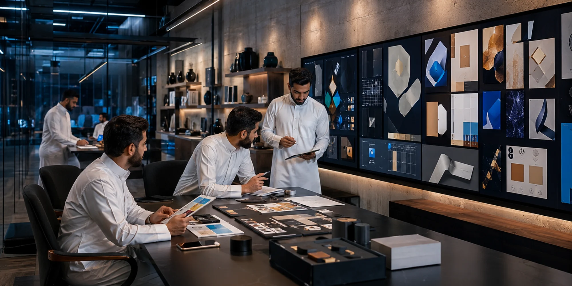 Modern graphic design agency workspace in Jeddah with Arab male designers creating branding concepts in a luxury contemporary studio.