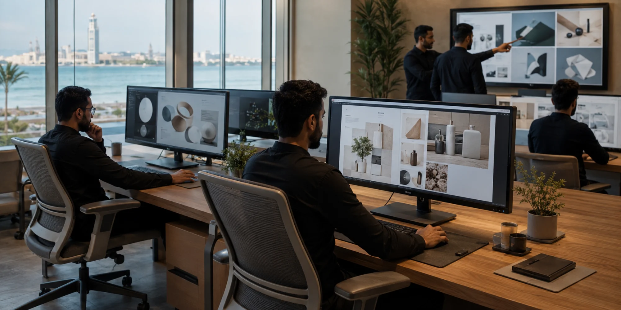 Professional Arab male graphic designers collaborating in a modern luxury graphic design studio in Jeddah with balanced lighting and contemporary workspace interiors