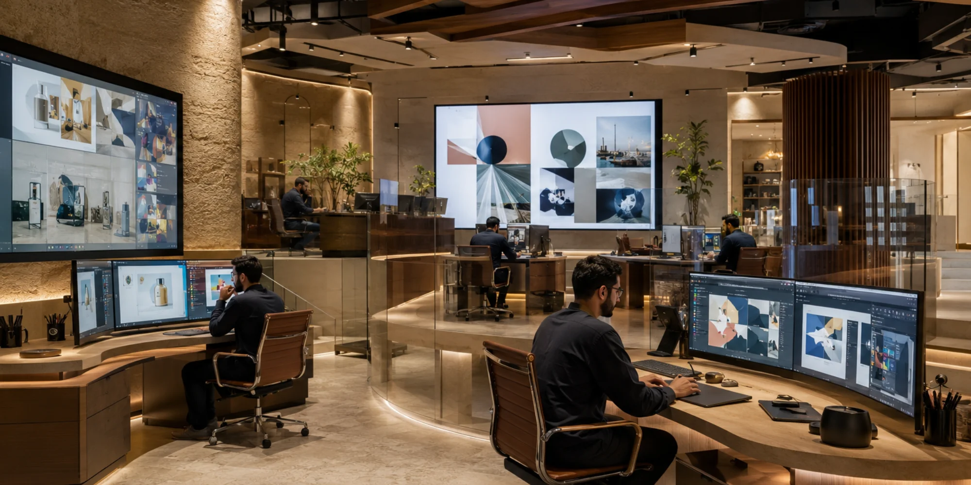 Luxury graphic design workspace in Dammam with Arab male creative team developing modern branding and advertising concepts