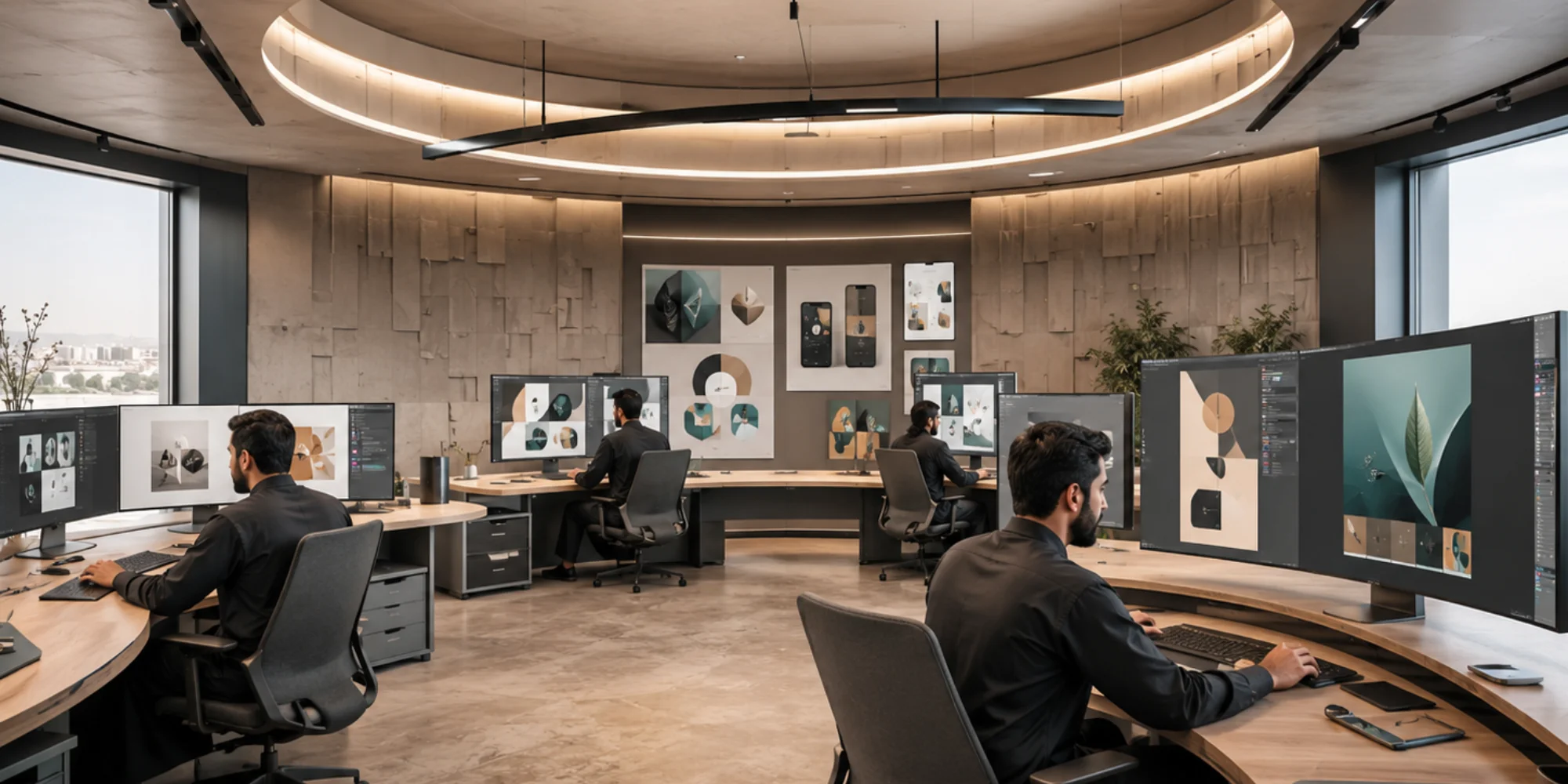 Futuristic graphic design studio in Dammam with Arab male designers creating modern branding and digital artwork concepts